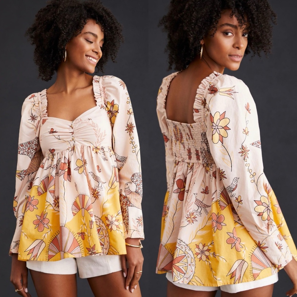 NWT Anthropologie Let Me Be Poplin Babydoll Long Sleeve Blouse Floral Bird
